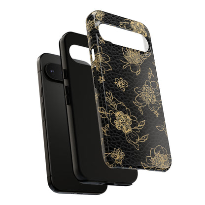 Floral Leather Phone Case — Gold Outline Flowers on Black Tough Case