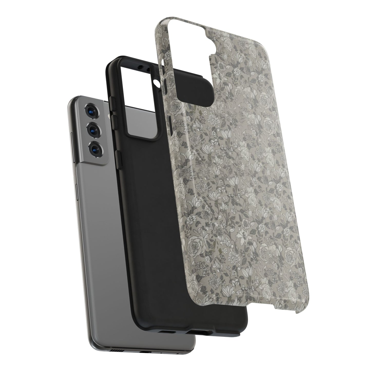 Gray Floral Tough Phone Case — Durable Protective Phone Cover with Vintage Botanical Pattern