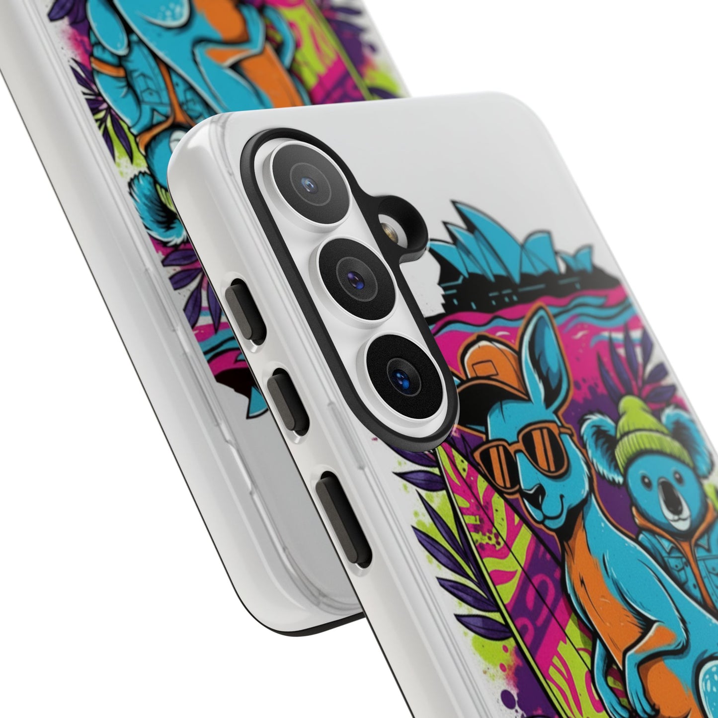 Kangaroo & Koala Surf Phone Case — Retro Neon Beach Art Tough Case