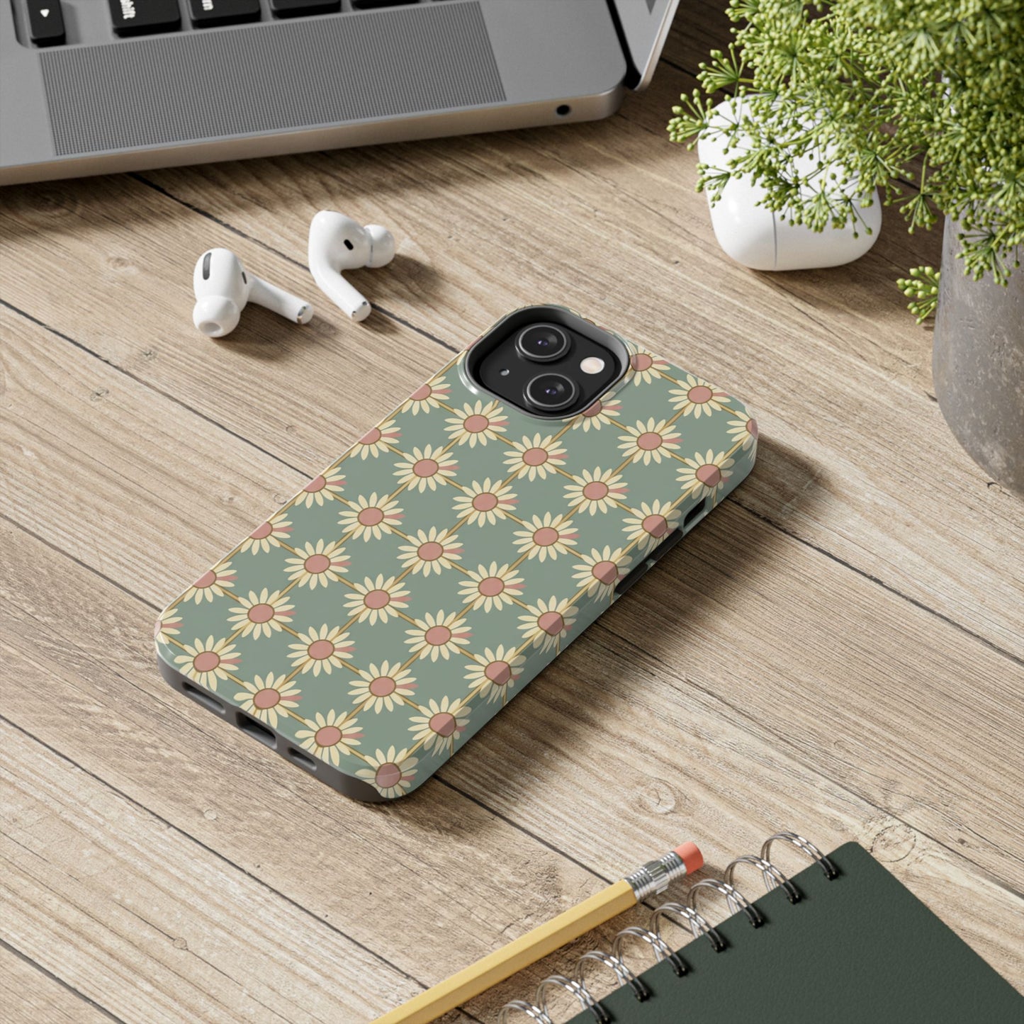 Daisy Pattern Tough Phone Case — Retro Floral Protective Cover
