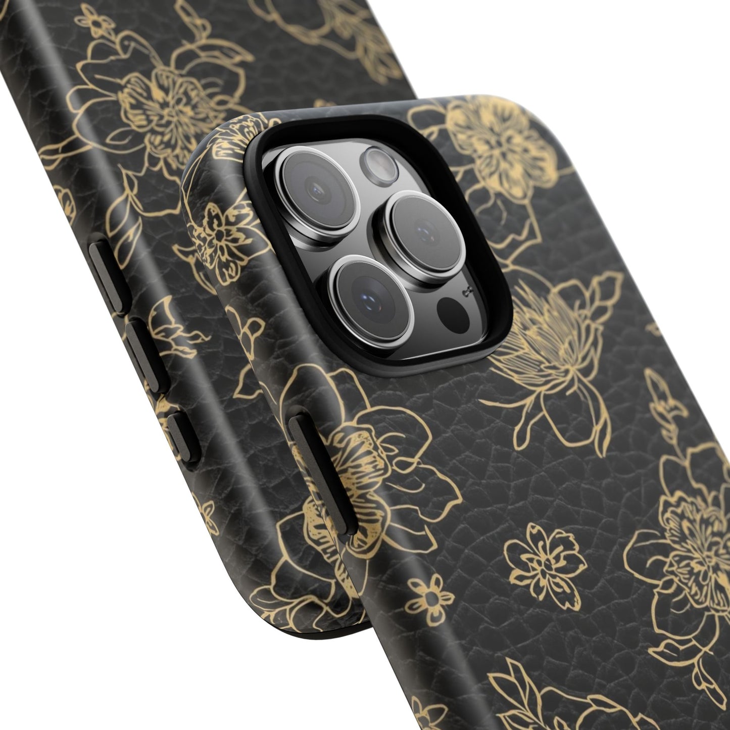 Floral Leather Phone Case — Gold Outline Flowers on Black Tough Case