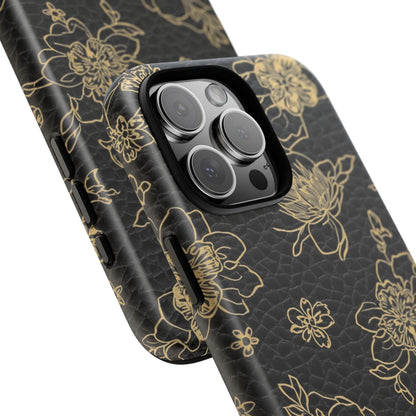 Floral Leather Phone Case — Gold Outline Flowers on Black Tough Case