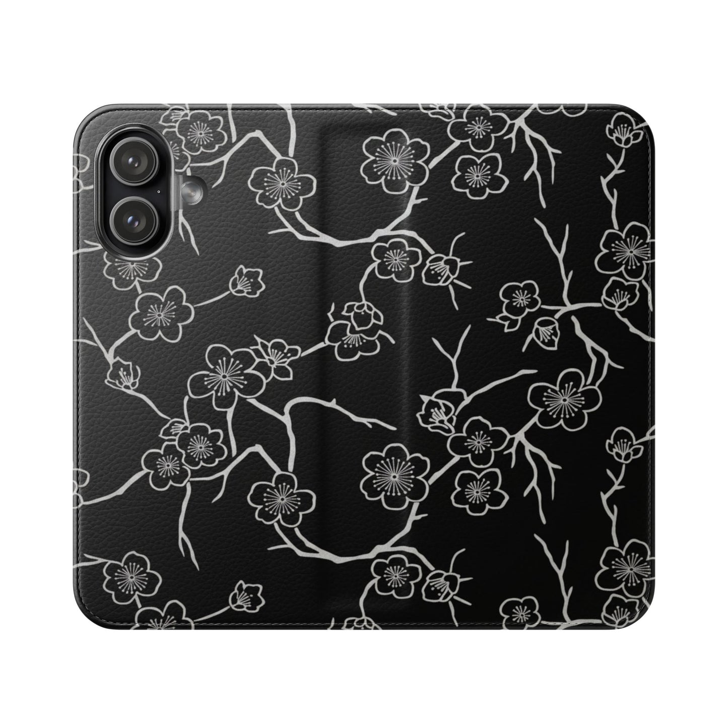Black Cherry Blossom Flip Phone Case – Floral Wallet Flip Case with Card Slots