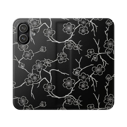 Black Cherry Blossom Flip Phone Case – Floral Wallet Flip Case with Card Slots