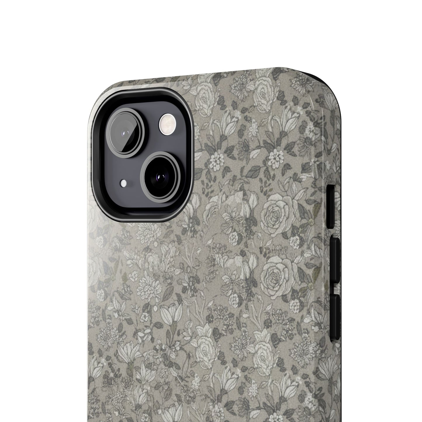 Gray Floral Tough Phone Case — Durable Protective Phone Cover with Vintage Botanical Pattern
