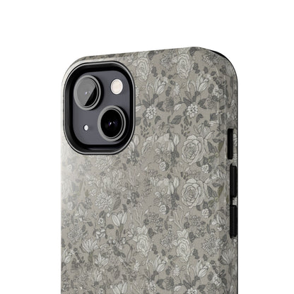Gray Floral Tough Phone Case — Durable Protective Phone Cover with Vintage Botanical Pattern