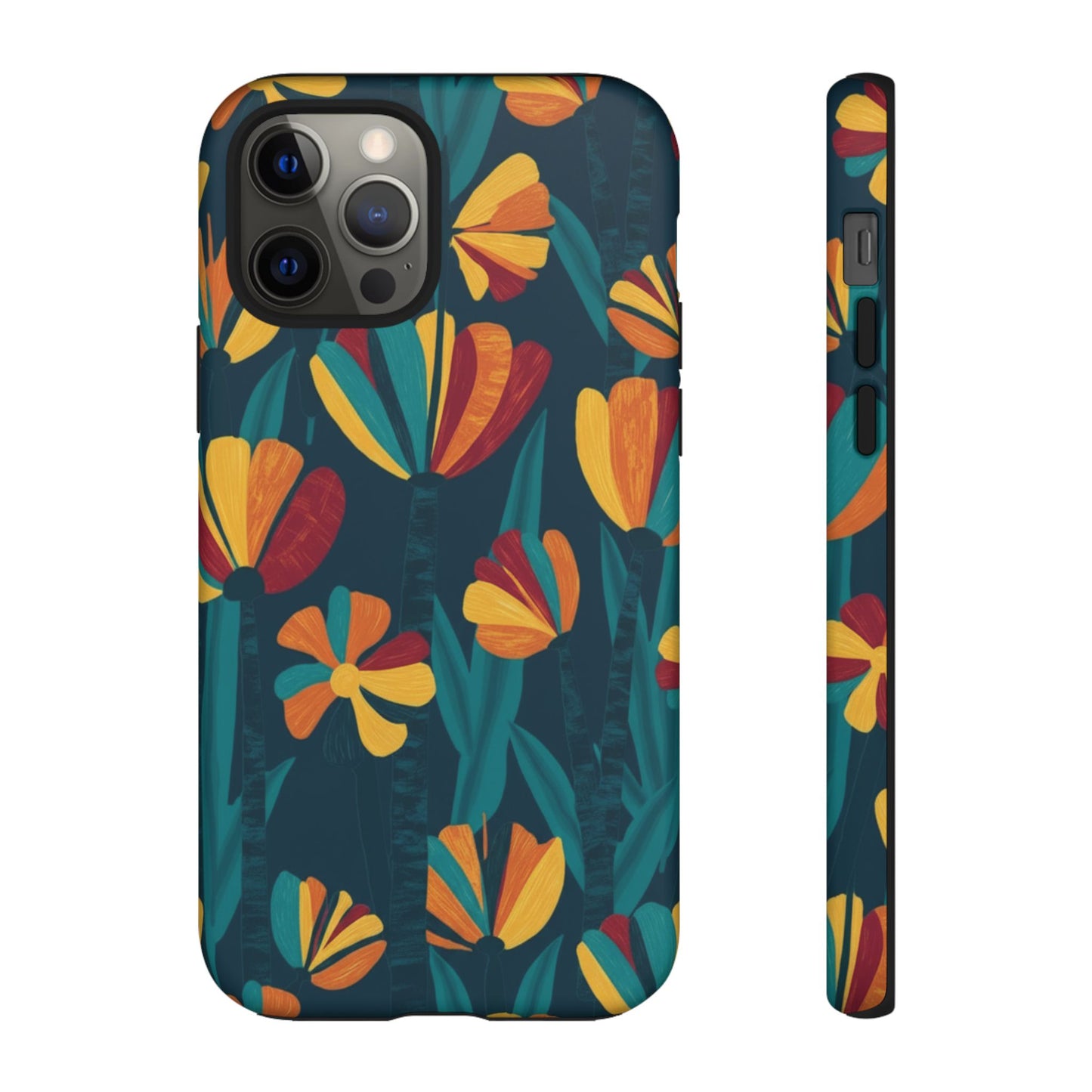 Floral Retro Teal Tough Phone Case — Vibrant Orange & Mustard Blooms