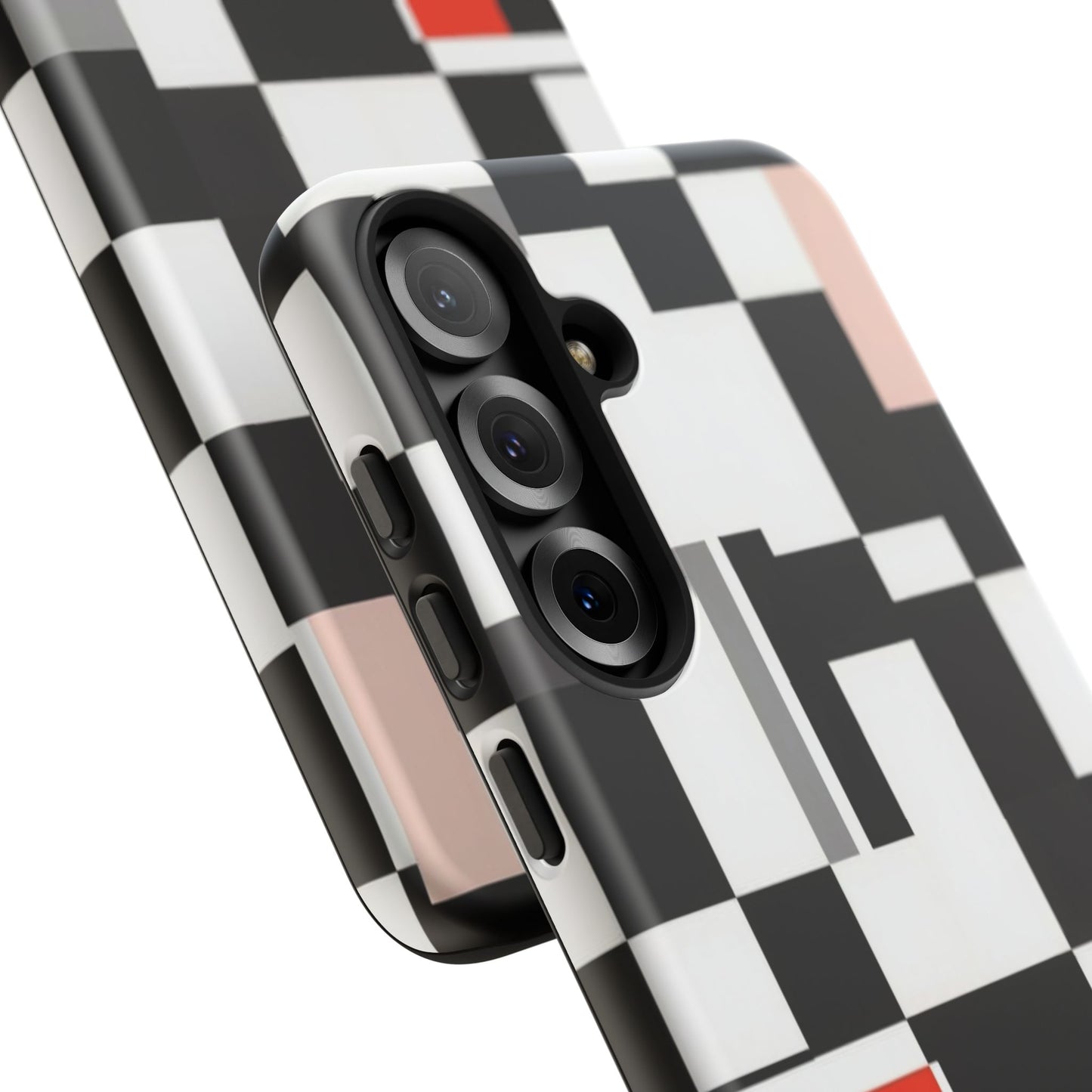 Abstract Geometric Phone Case – Black & White Checker Grid with Red Accent