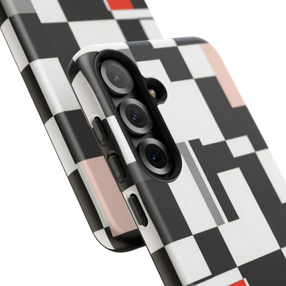 Abstract Geometric Phone Case – Black & White Checker Grid with Red Accent