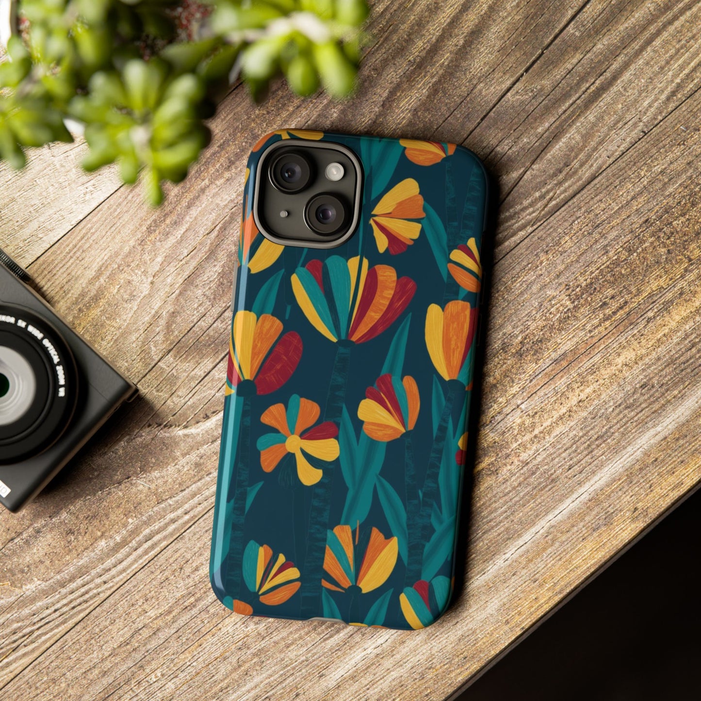 Floral Retro Teal Tough Phone Case — Vibrant Orange & Mustard Blooms
