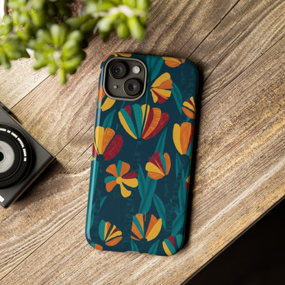 Floral Retro Teal Tough Phone Case — Vibrant Orange & Mustard Blooms