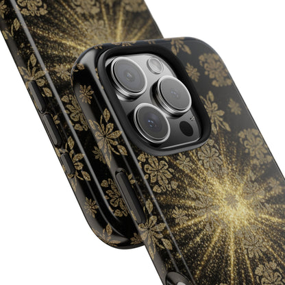 Glitter Burst Tough Phone Case — Black & Gold Floral Protective Cover