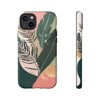 Tropical Leaf Tough Phone Case — Abstract Pink & Green Botanical Protective Cover