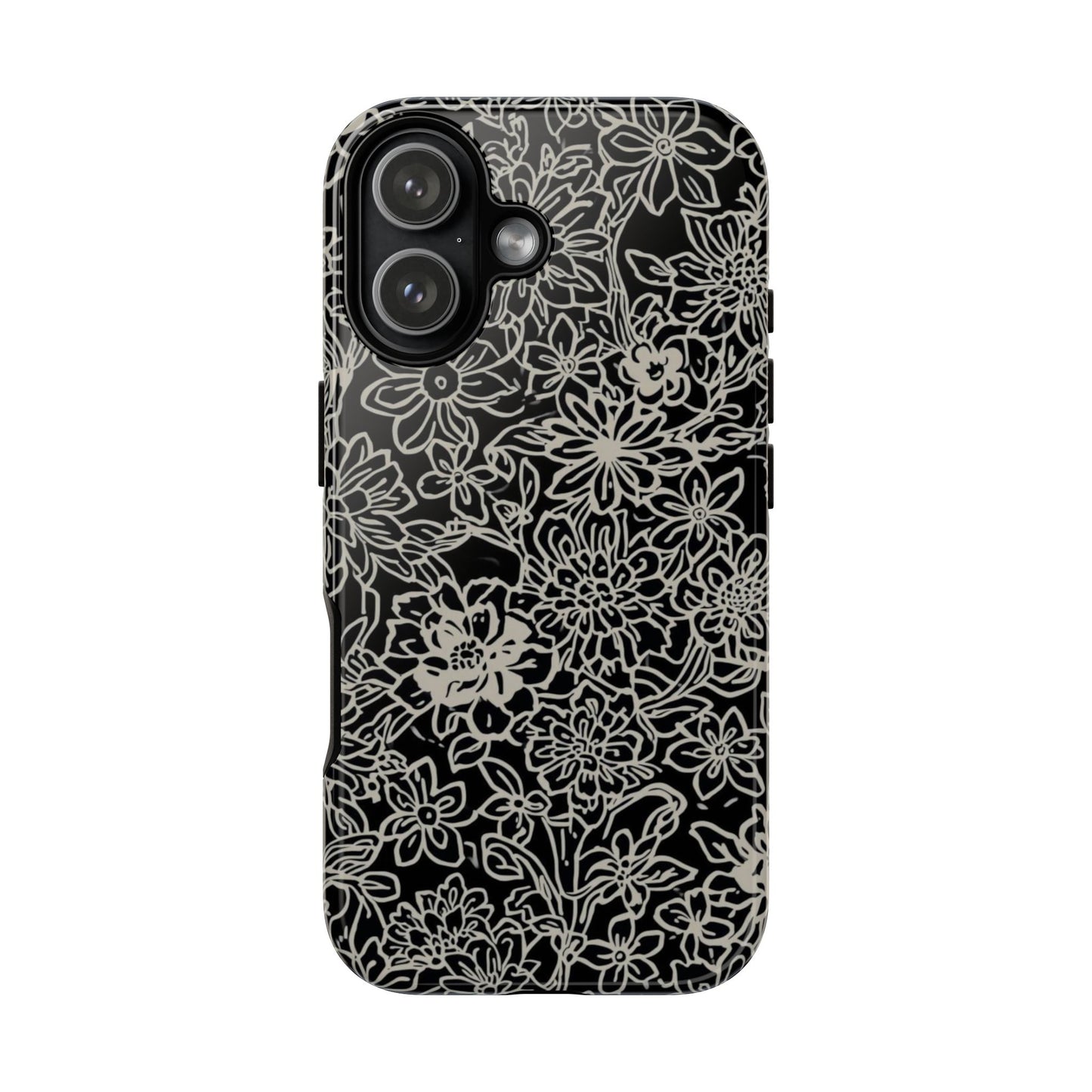 Floral Doodle Tough Phone Case — Black & White Sketch Flower Protective Cover