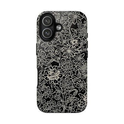 Floral Doodle Tough Phone Case — Black & White Sketch Flower Protective Cover