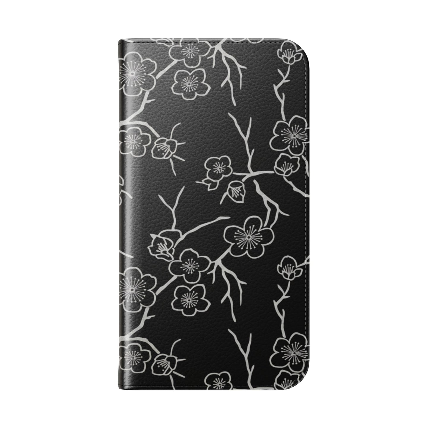 Black Cherry Blossom Flip Phone Case – Floral Wallet Flip Case with Card Slots