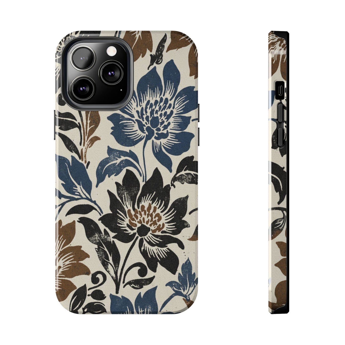 Floral Vintage Tough Phone Case — Blue & Brown Botanical Protection