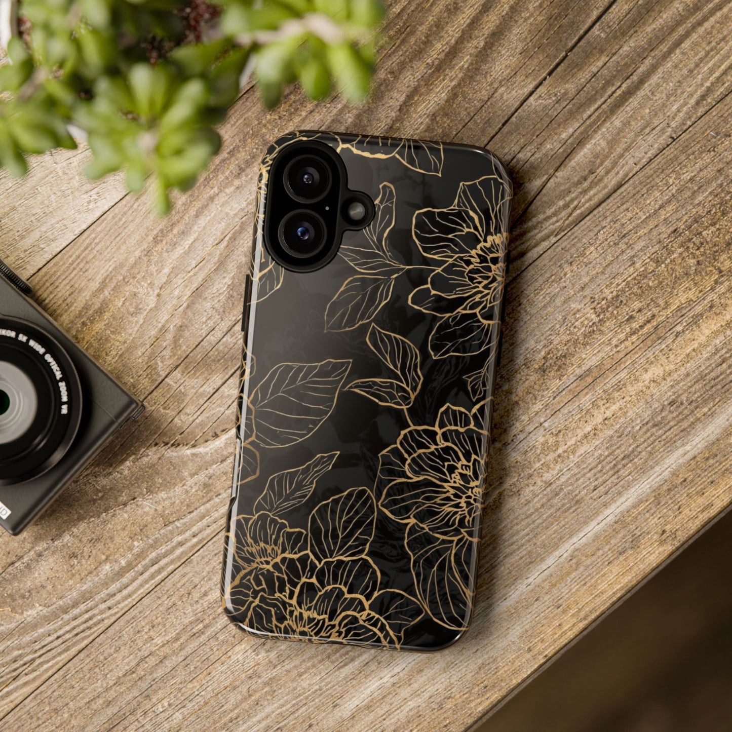 Floral Gold Outline Tough Phone Case – Black Botanical Protective Cover