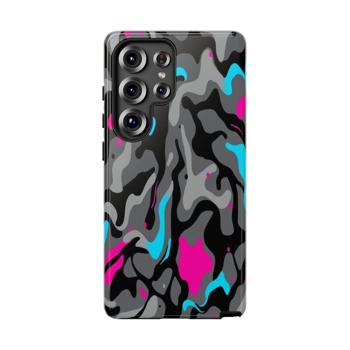 Camouflage Phone Case — Gray Camo with Neon Pink & Cyan Accent Tough Protective Cover
