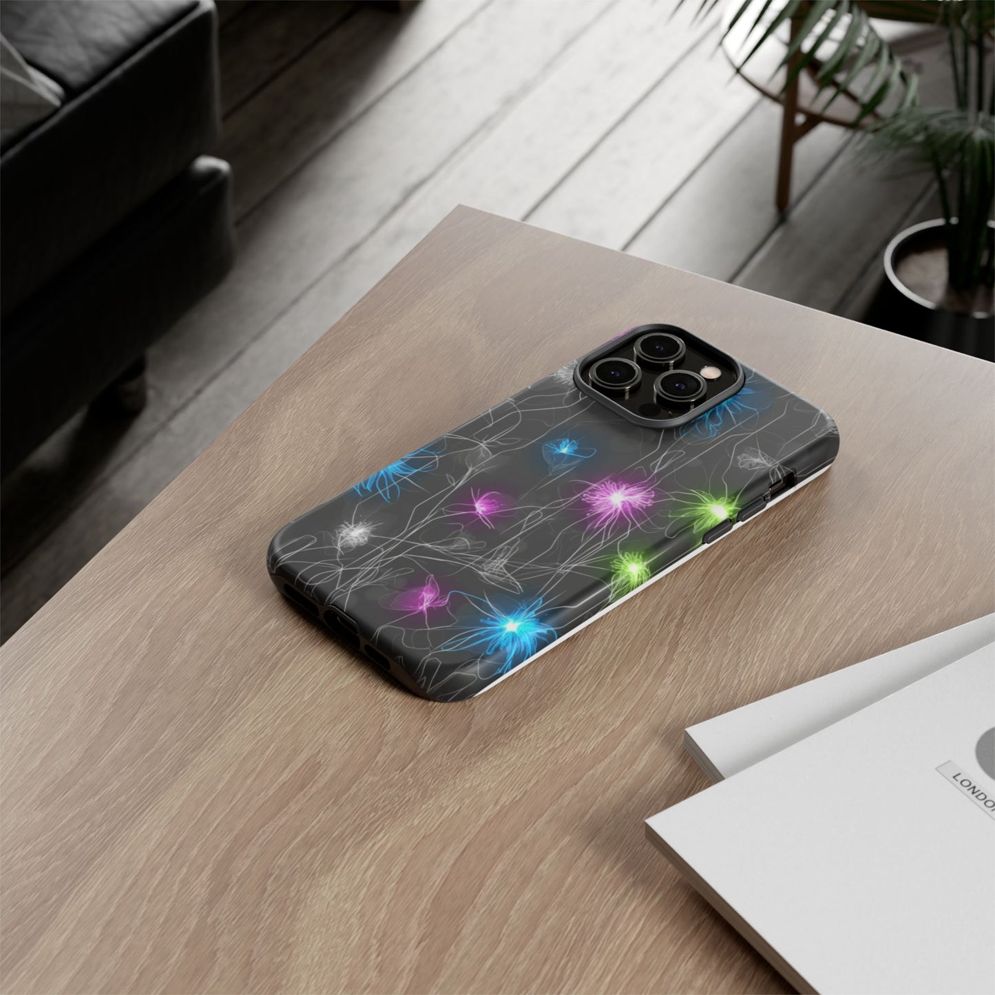 Neon Floral Tough Phone Case — Glow Flower Protective iPhone Cover