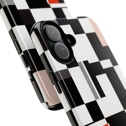 Abstract Geometric Phone Case – Black & White Checker Grid with Red Accent