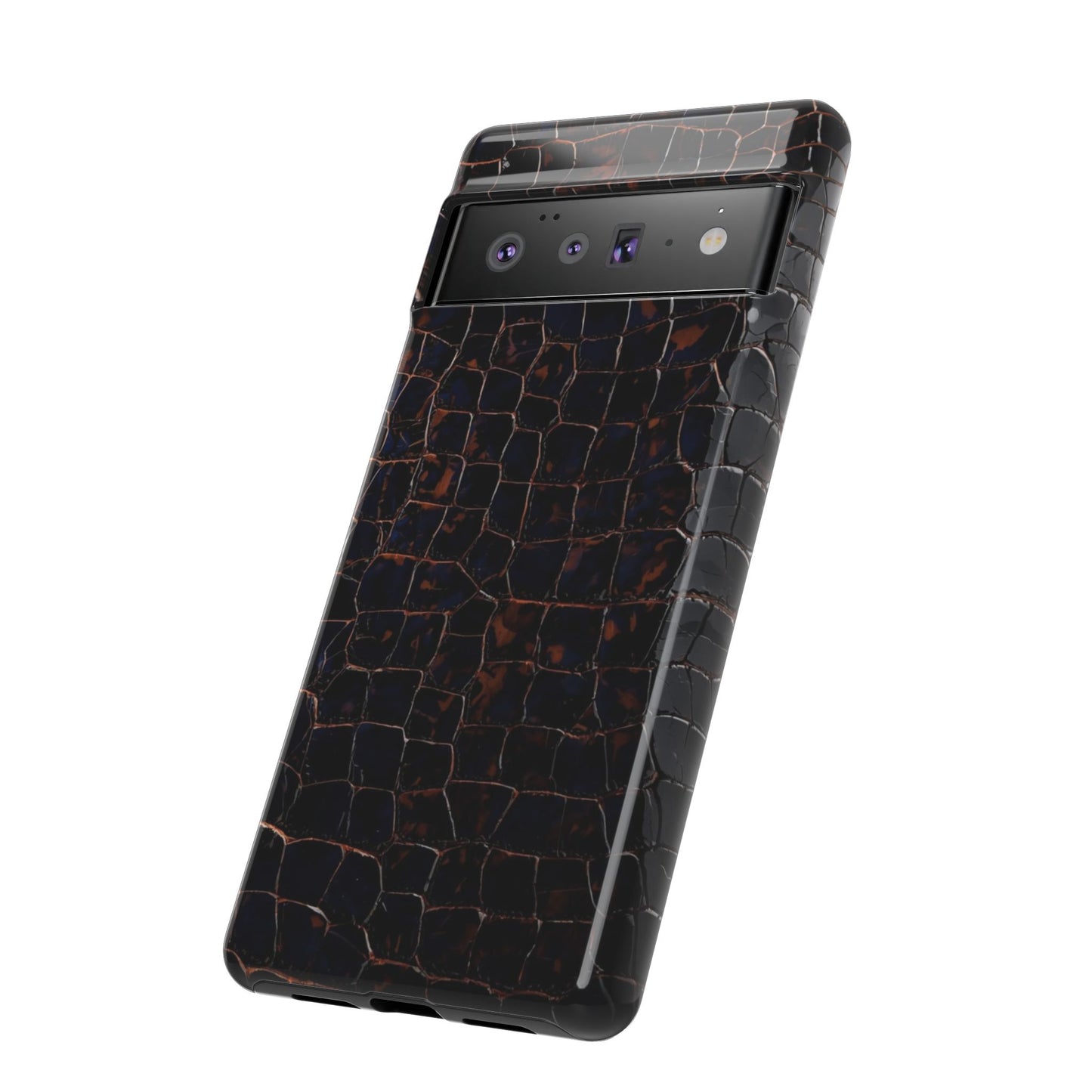 Croc-Embossed Tough Phone Case — Shockproof Black Alligator Texture