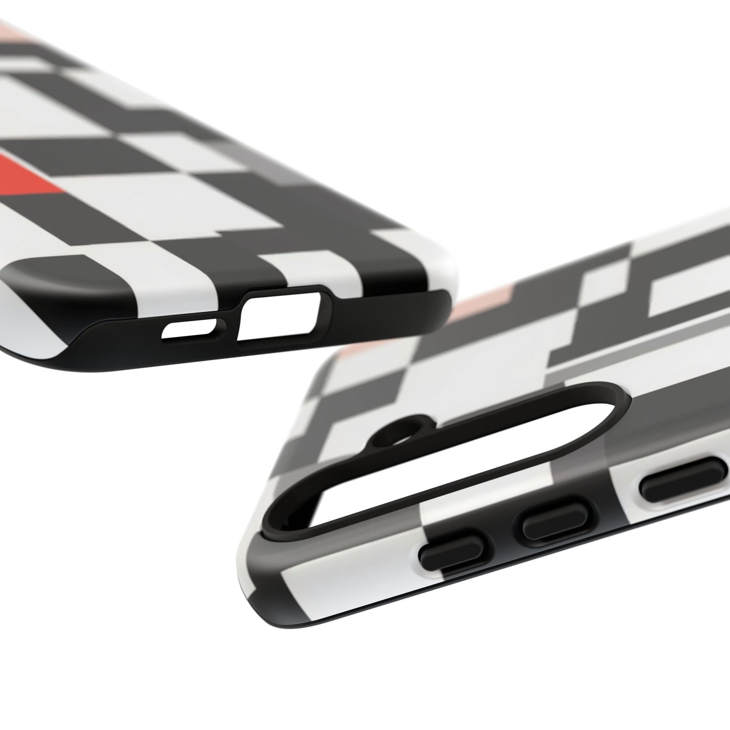 Abstract Geometric Phone Case – Black & White Checker Grid with Red Accent