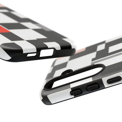 Abstract Geometric Phone Case – Black & White Checker Grid with Red Accent