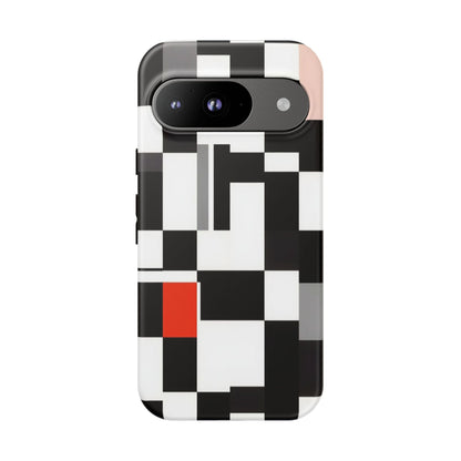 Abstract Geometric Phone Case – Black & White Checker Grid with Red Accent