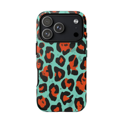 Leopard Print Tough Phone Case — Teal & Rust Protective iPhone Cover
