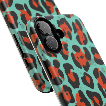 Leopard Print Tough Phone Case — Teal & Rust Protective iPhone Cover
