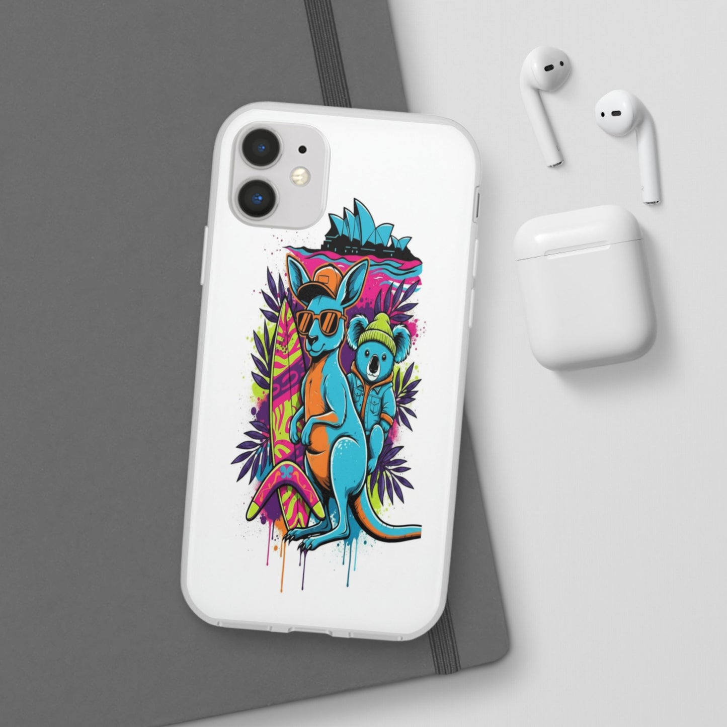 Kangaroo & Koala Surf Phone Case — Neon Aussie Beach Vibes Flexible Case