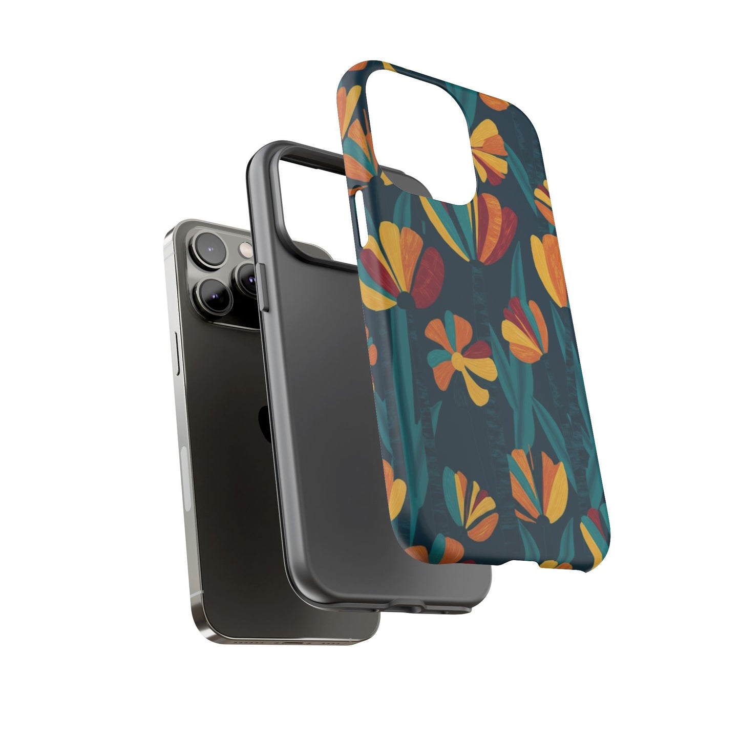 Floral Retro Teal Tough Phone Case — Vibrant Orange & Mustard Blooms