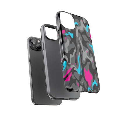 Camouflage Phone Case — Gray Camo with Neon Pink & Cyan Accent Tough Protective Cover