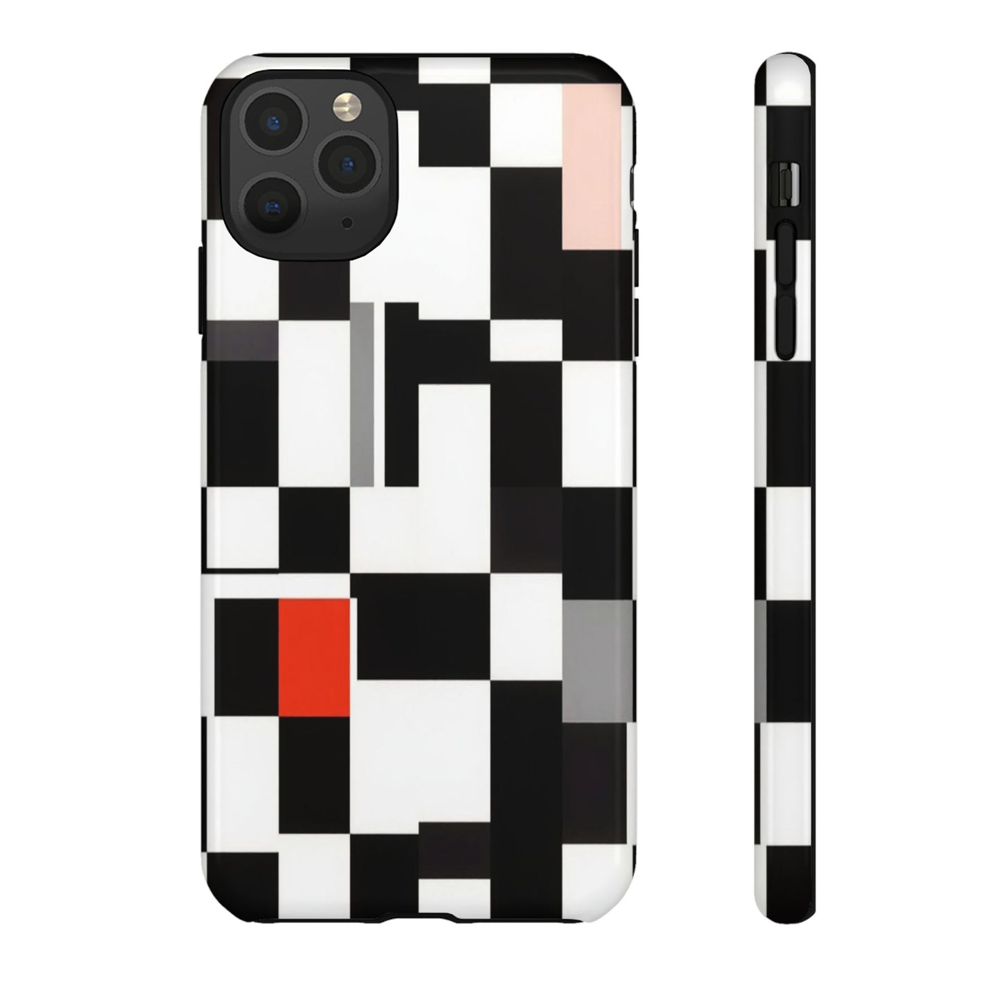 Abstract Geometric Phone Case – Black & White Checker Grid with Red Accent
