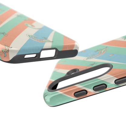 Retro Beach Stripes Phone Case — Sun, Waves & Palm Pattern Tough Case
