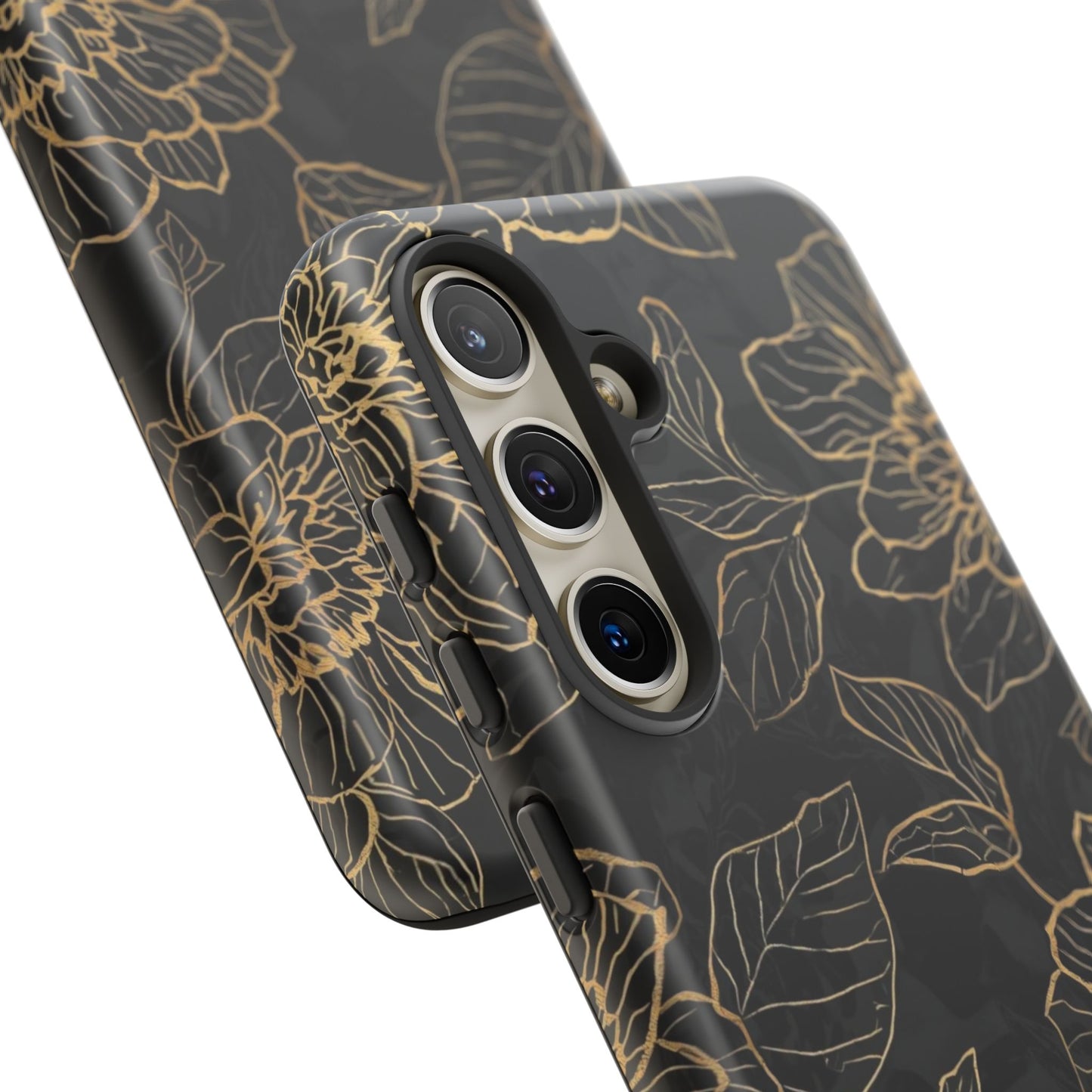 Floral Gold Outline Tough Phone Case – Black Botanical Protective Cover