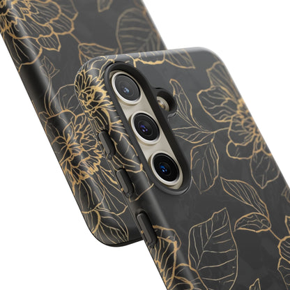 Floral Gold Outline Tough Phone Case – Black Botanical Protective Cover