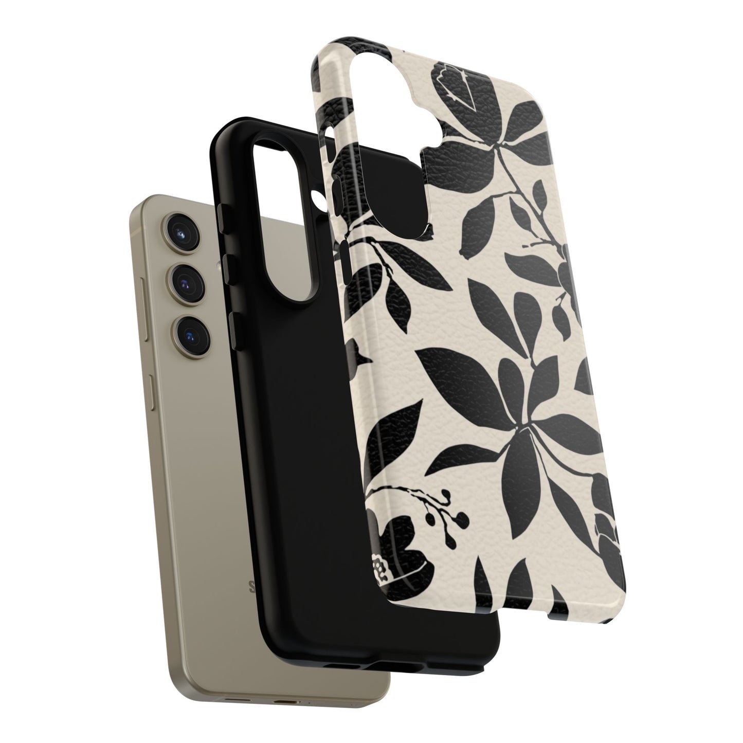 Black Floral Pattern Phone Case — Monochrome Botanical Tough Case