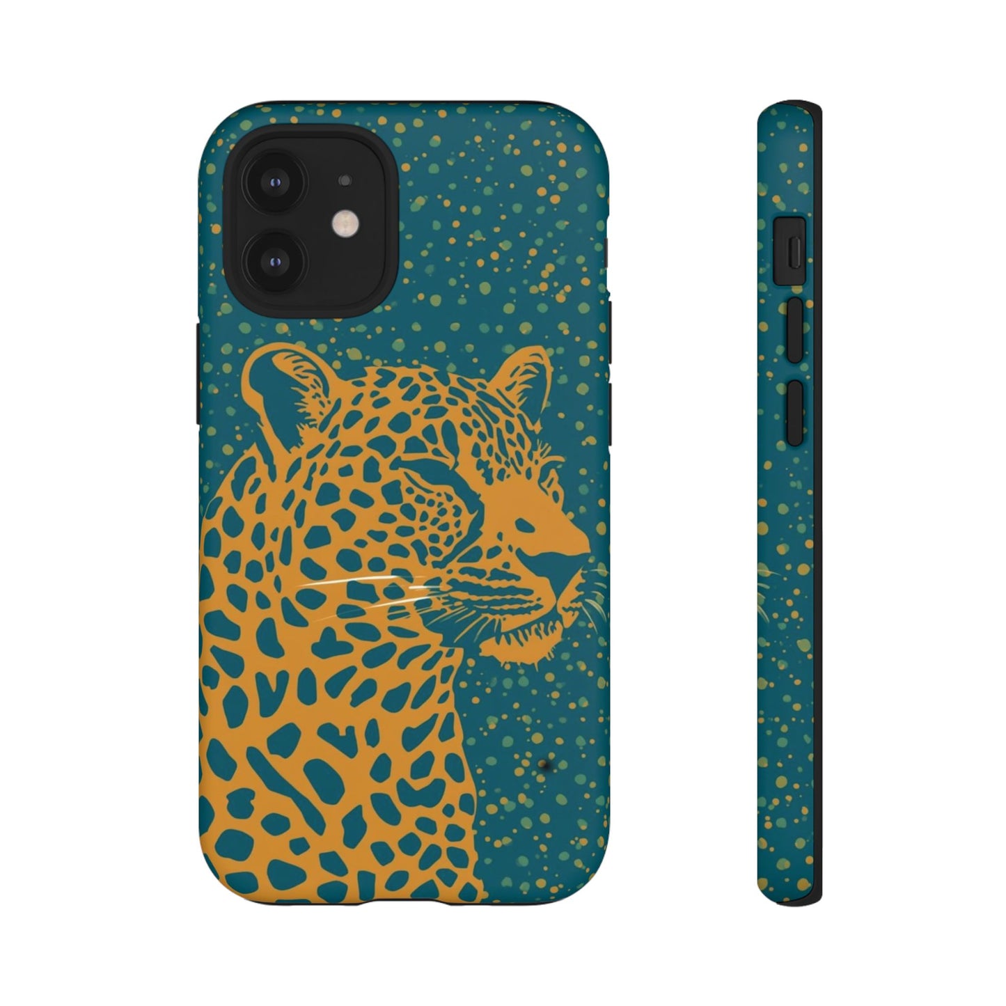 Leopard Print Tough Phone Case — Gold Panther on Teal, Protective iPhone Cover