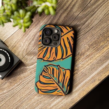 Tropical Leaf Tough Phone Case — Orange Monstera Design on Teal