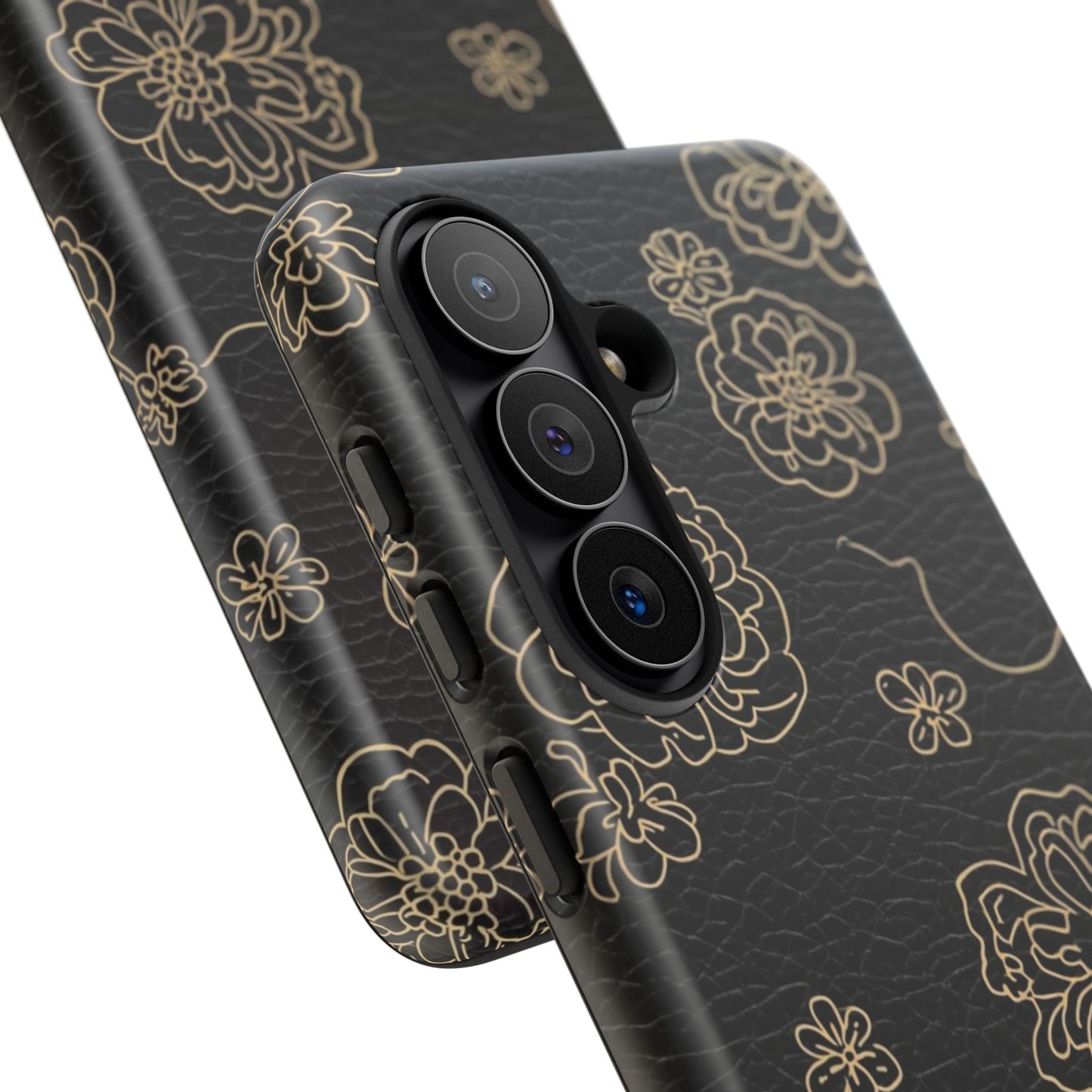 Floral Leather-Texture Tough Case – Black Gold Outline Phone Cover