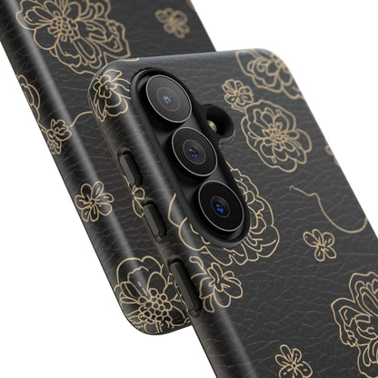 Floral Leather-Texture Tough Case – Black Gold Outline Phone Cover