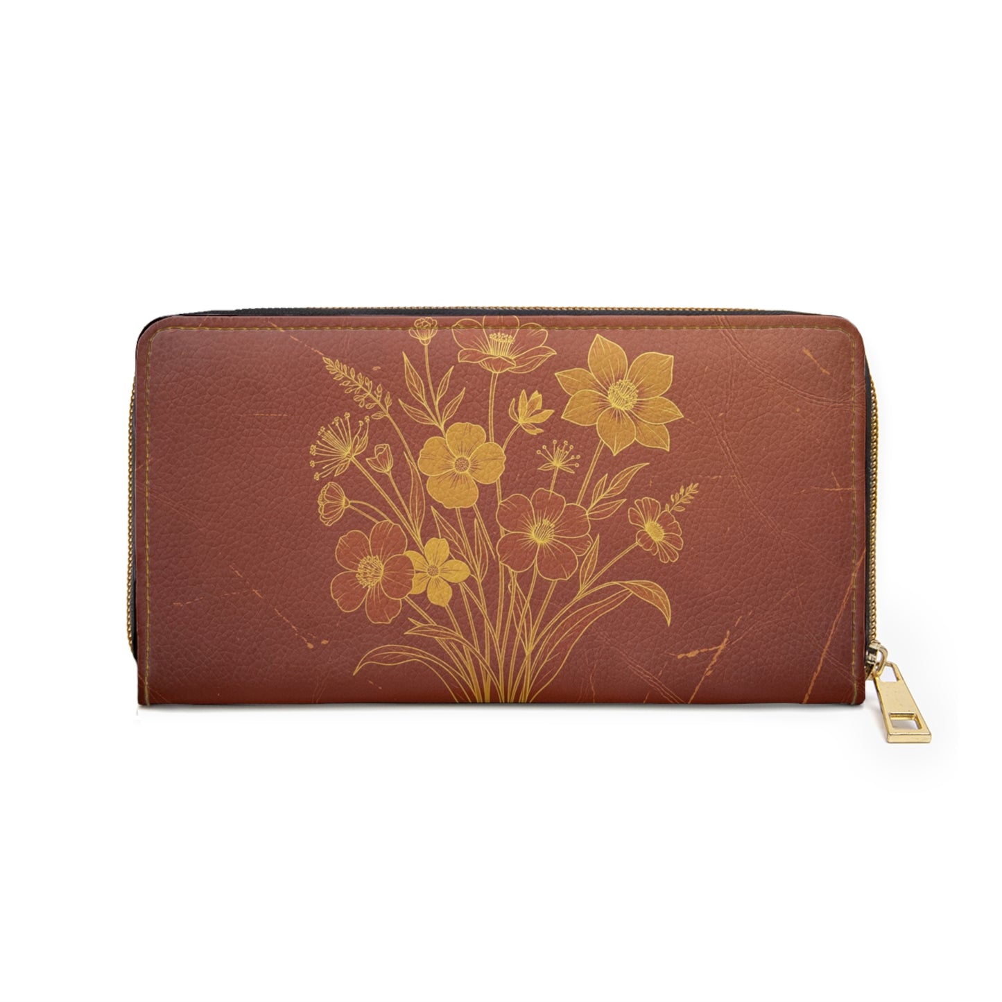 Floral Bouquet Zipper Wallet — Vintage Brown Leather Card & Coin Organizer