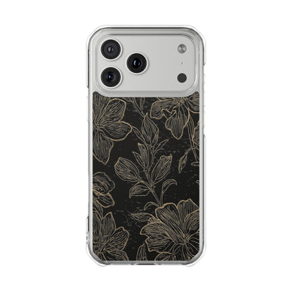 Floral Sketch Magnetic Clear Phone Case — Black & Gold Botanical Impact Case