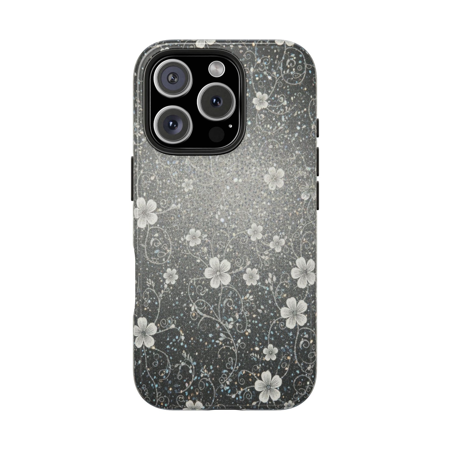 Floral Sparkle Tough Phone Case — Black & Silver Vintage Blossom