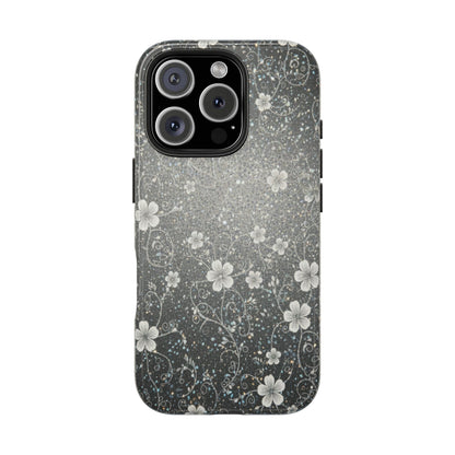 Floral Sparkle Tough Phone Case — Black & Silver Vintage Blossom