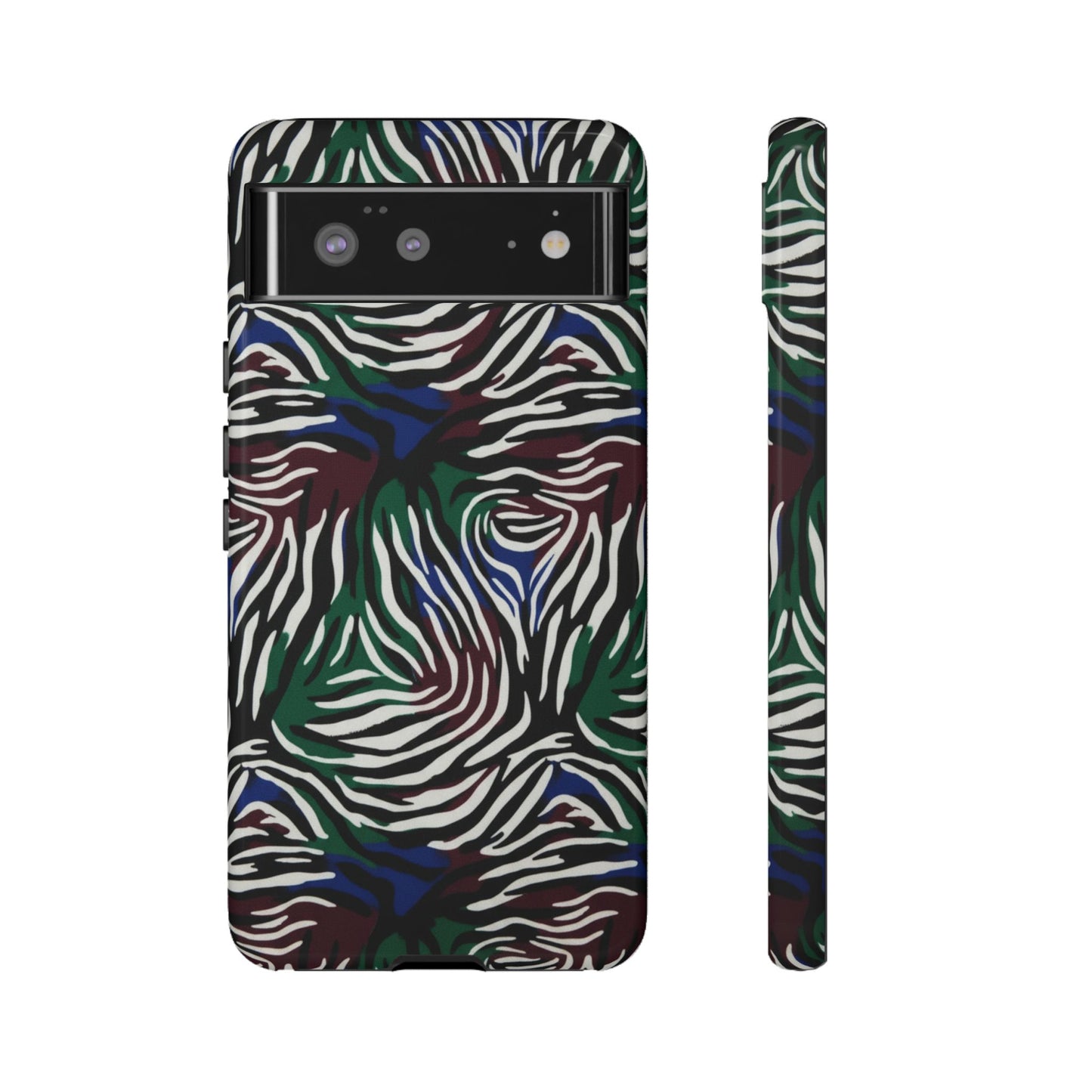 Zebra Camo Tough Phone Case – Green & Blue Animal Print Protective Cover