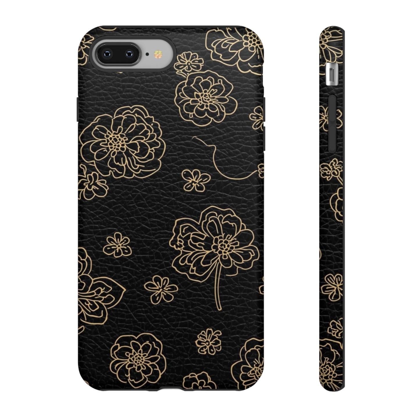 Floral Leather-Texture Tough Case – Black Gold Outline Phone Cover