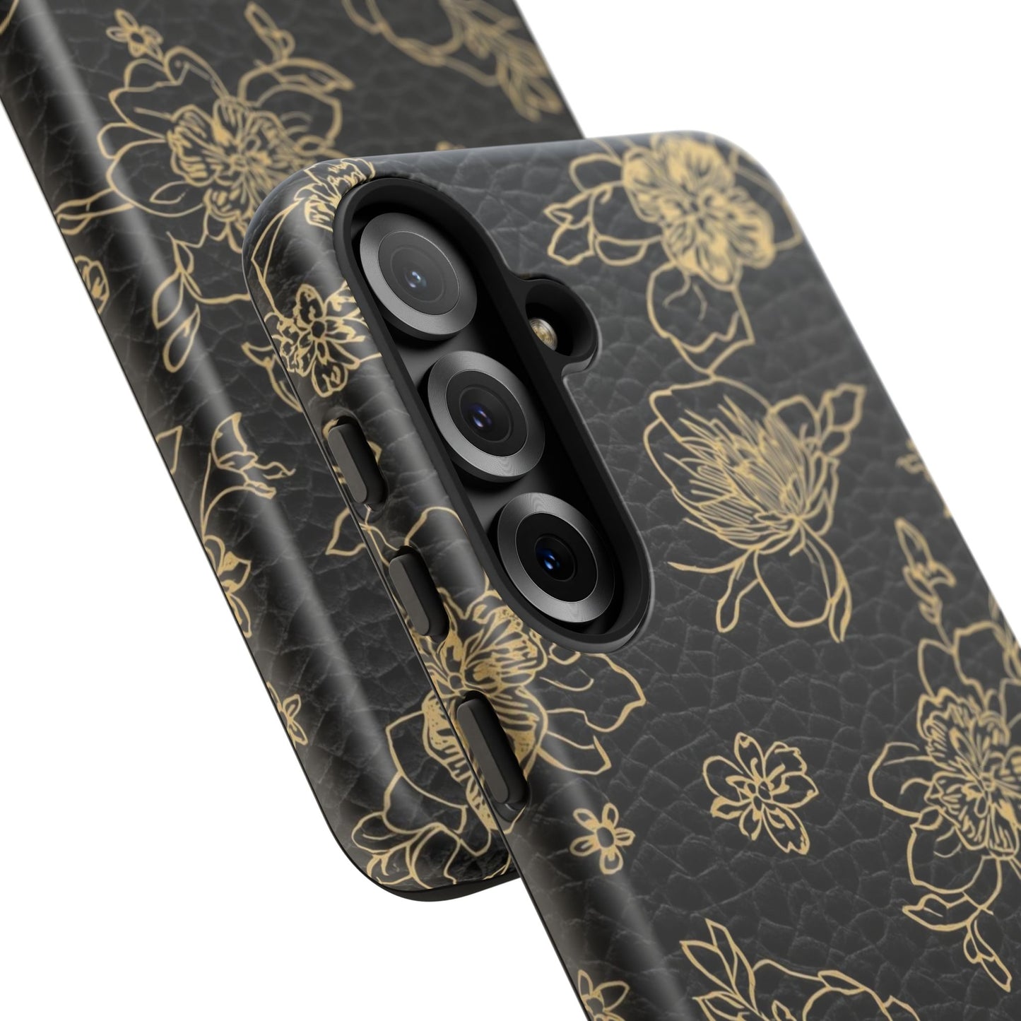 Floral Leather Phone Case — Gold Outline Flowers on Black Tough Case